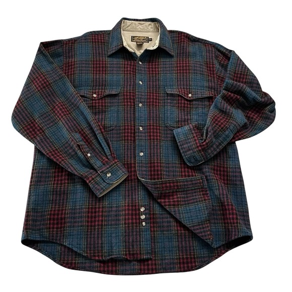 Eddie Bauer Men's XL Wool Vtg 90's Plaid Shirt Red Green Multi Outdoor - Picture 8 of 16